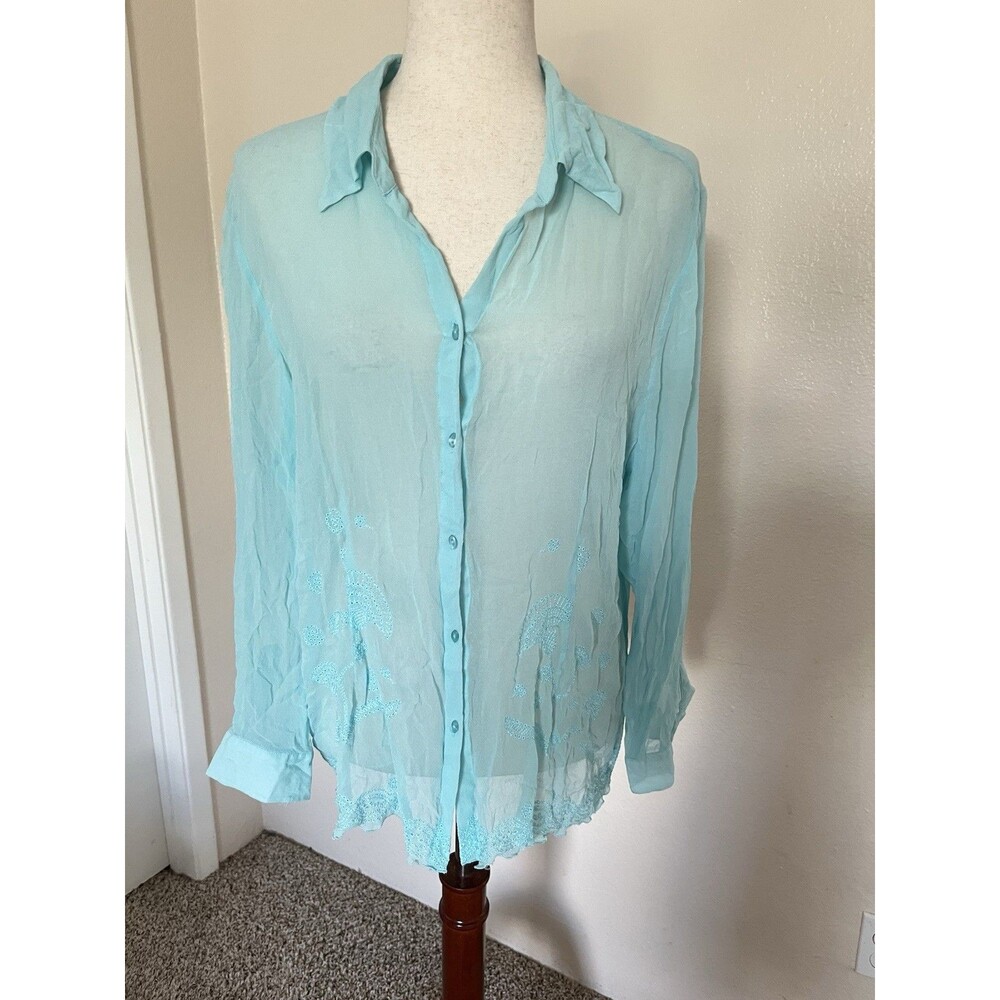 Vintage Ice Embroidered Blouse Outs 100% Silk Turquoise Lightweight Transparent